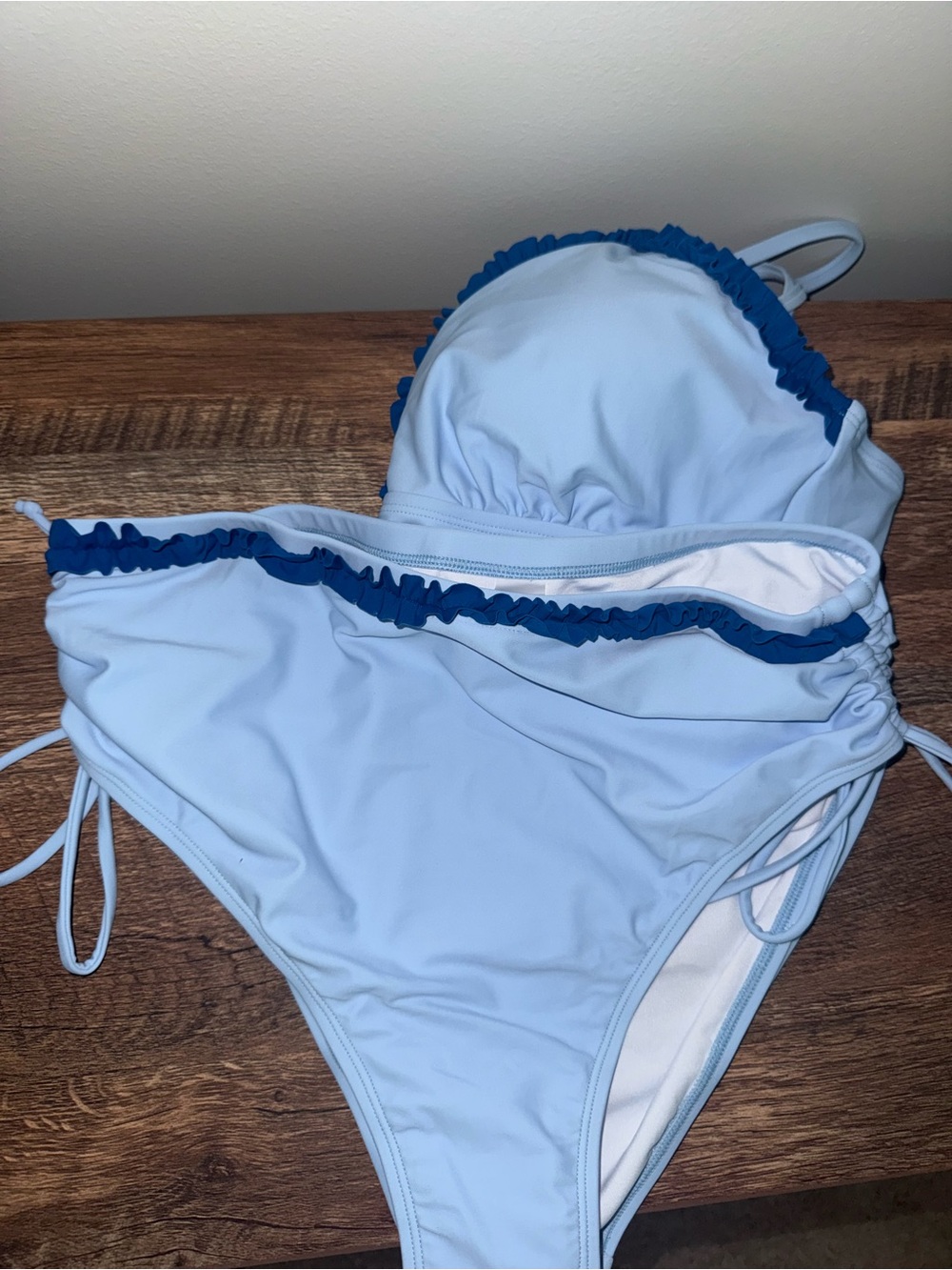 Light Blue Ruffle Trim Women's Bikini Set